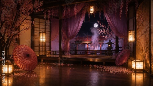 Japanese moonlit room with lanterns and red umbrellas