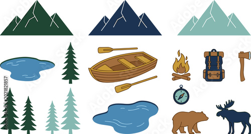 Billede på lærred Flat wilderness camping elements set with mountains lake pine trees wooden boat