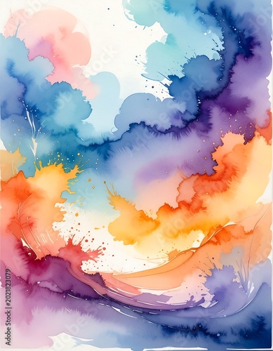 Colorful, flowing watercolor bursts against a white background, vibrant and dynamic