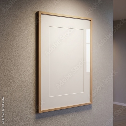 Empty Wooden Frame Hanging on a Textured Beige Wall with Warm Light