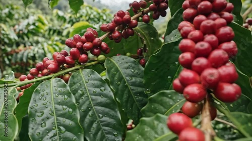 Ripe red coffee cherries with water drops on plantation tree branch