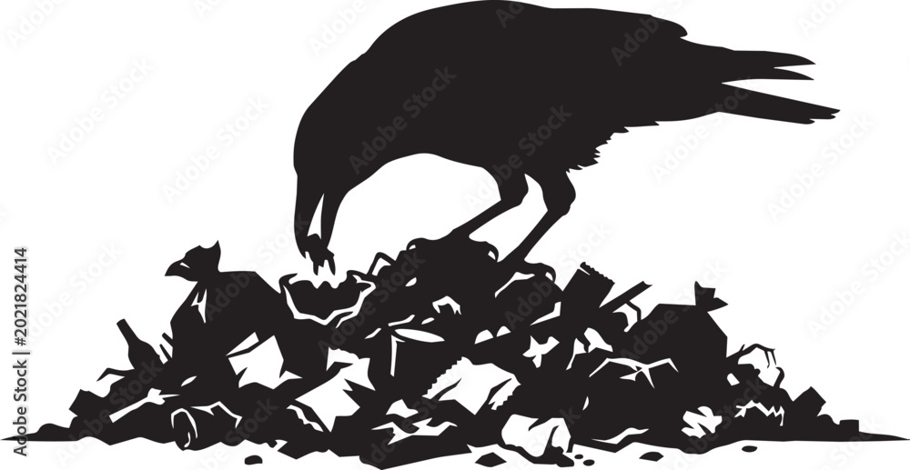 Fototapeta premium crow scavenging garbage pile silhouette vector illustration