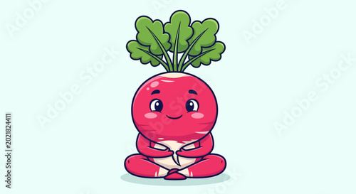Cute Radish Character Meditating in Yoga Pose, Healthy Food Concept