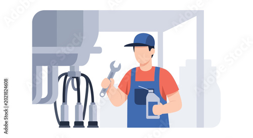 Farmer repairing milking machine, agricultural equipment maintenance, rural farm work
