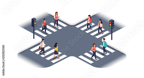 People crossing busy intersection with traffic lights, urban street scene, pedestrians walking