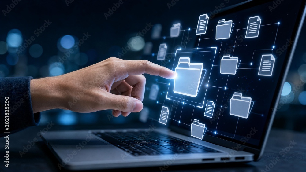 Obraz premium Data Management and Cloud Storage Concept with Digital Folder Icons on Laptop Screen