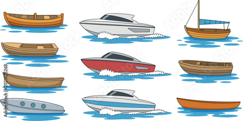 Картината върху платно Various wooden and motor boats collection vector illustration featuring sailing