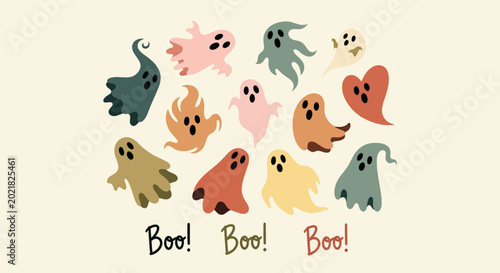 Tableau sur toile Cute Halloween ghosts, colorful boo icons, spooky characters, vector illustratio