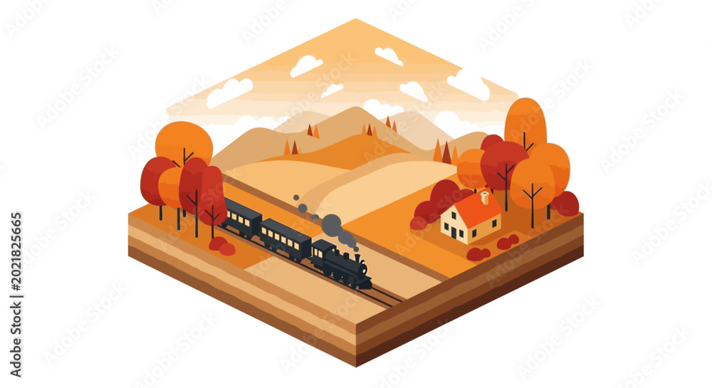 Fototapeta premium Isometric train, autumn landscape, vector illustration, transportation scene