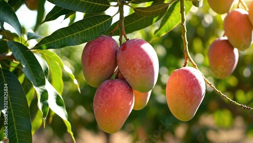 Sunlit Ripe Mangoes Hanging from a Tree Branch in Tropical Orchard