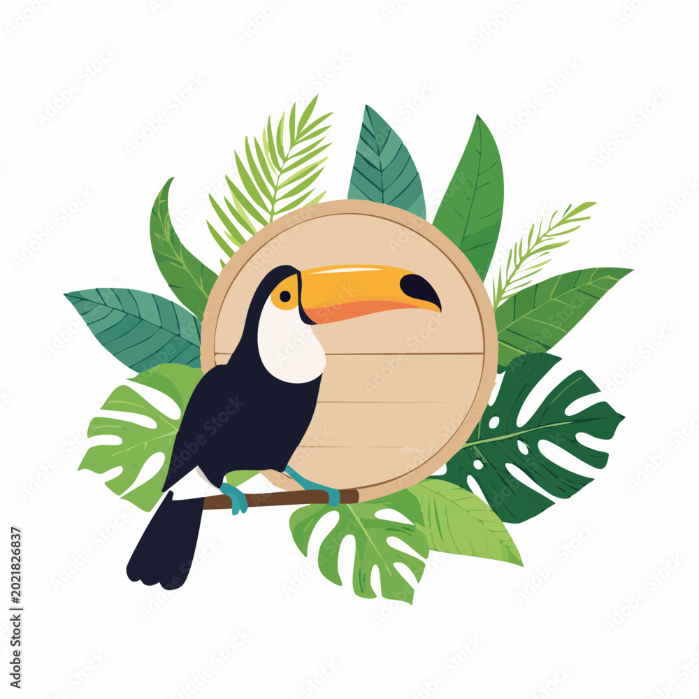 Obraz premium Toucan Bird Sitting on Branch Surrounded by Tropical Leaves