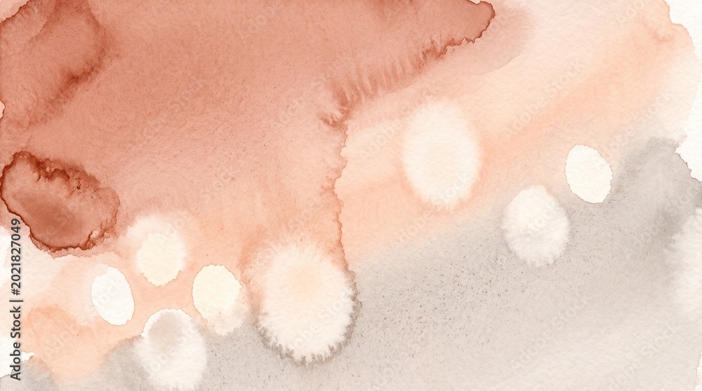 Fototapeta premium Abstract watercolor wash with peach, beige, and gray stains on white paper