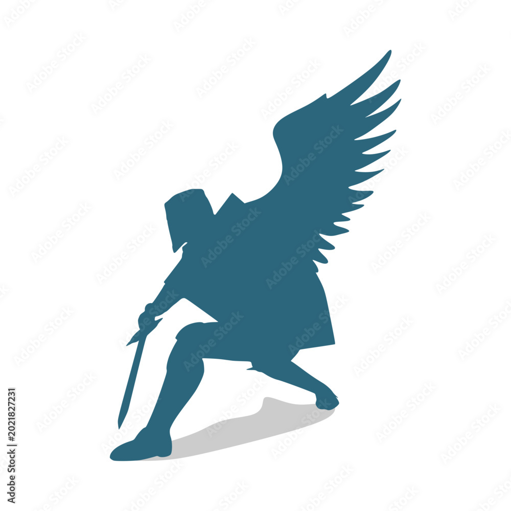Fototapeta premium Fantasy man angel warrior with wings. Warlike character. A fantasy character is a knight of light.
