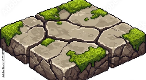 Isometric Pixel Art Cracked Stone Tile with Moss Texture
