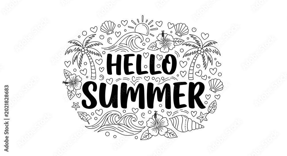 Obraz premium Hello summer hand drawn doodle illustration with tropical elements