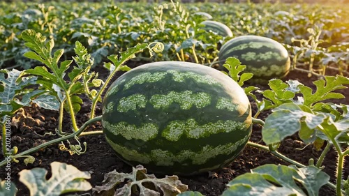 Large ripe watermelons growing in a lush green agricultural field at sunset