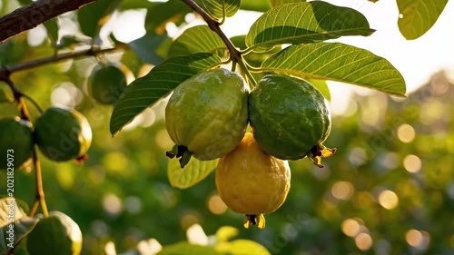 Close up of fresh guava fruits ripening on tree in golden hour