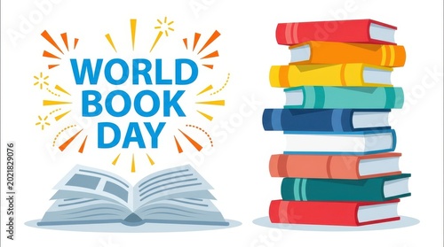 World book day creative design featuring colorful stack of hardcover books and open volume on white.