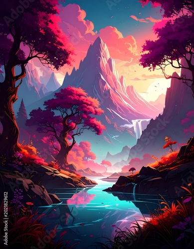Colorful illustration of fantasy landscape with mountains and water