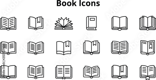 Bild auf Leinwand Book line icon set featuring open textbook library reading literature learning e