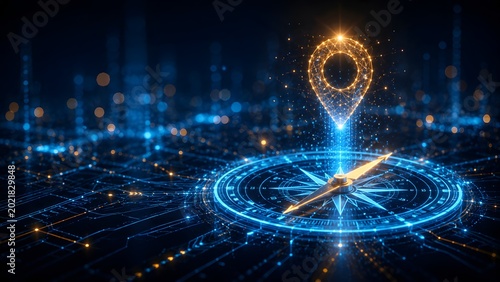 Futuristic digital compass with glowing location pin hologram representing global navigation GPS technology and modern logistics tracking