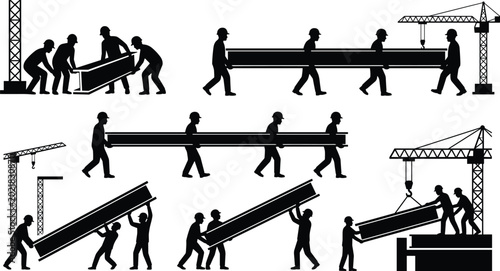 Tableau sur toile Industrial Construction Workers Carrying Heavy Steel Girders and Iron Beams Icon
