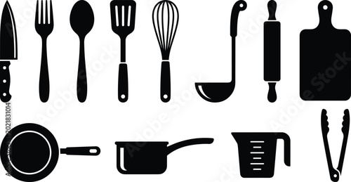Bild auf Leinwand Kitchen Cooking Utensils and Cookware Silhouette Icon Set Featuring Knife Fork S