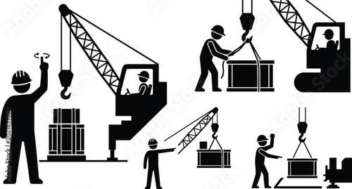Photos Industrial Crane Operators and Riggers Icon Set with Construction Workers Giving