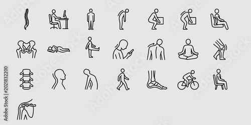 Photos Icon set collection of human silhouettes demonstrating proper and improper posture during activities like sitting, lifting, walking, and using a mobile phone
