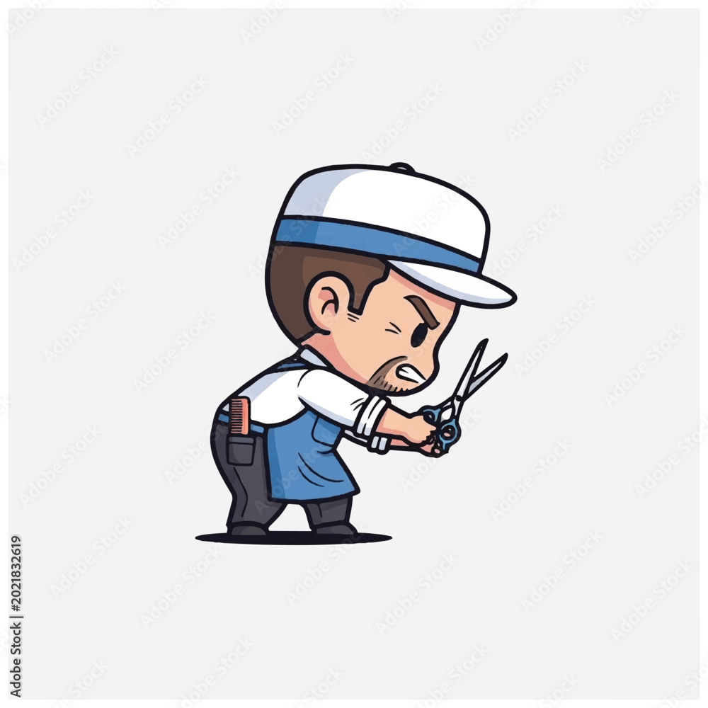 Fototapeta premium Cartoon man holding scissors and looking.