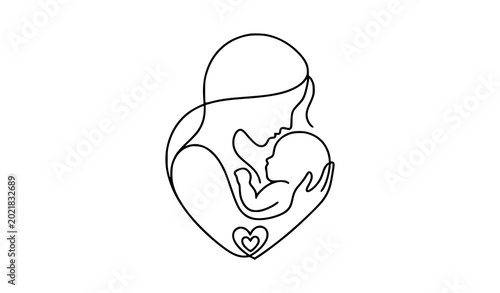 Obraz na plátně Minimal silhouette line art of person holding baby in caring embrace vector illu