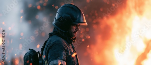Experienced firefighter in helmet and gear standing against backdrop of flames and smoke