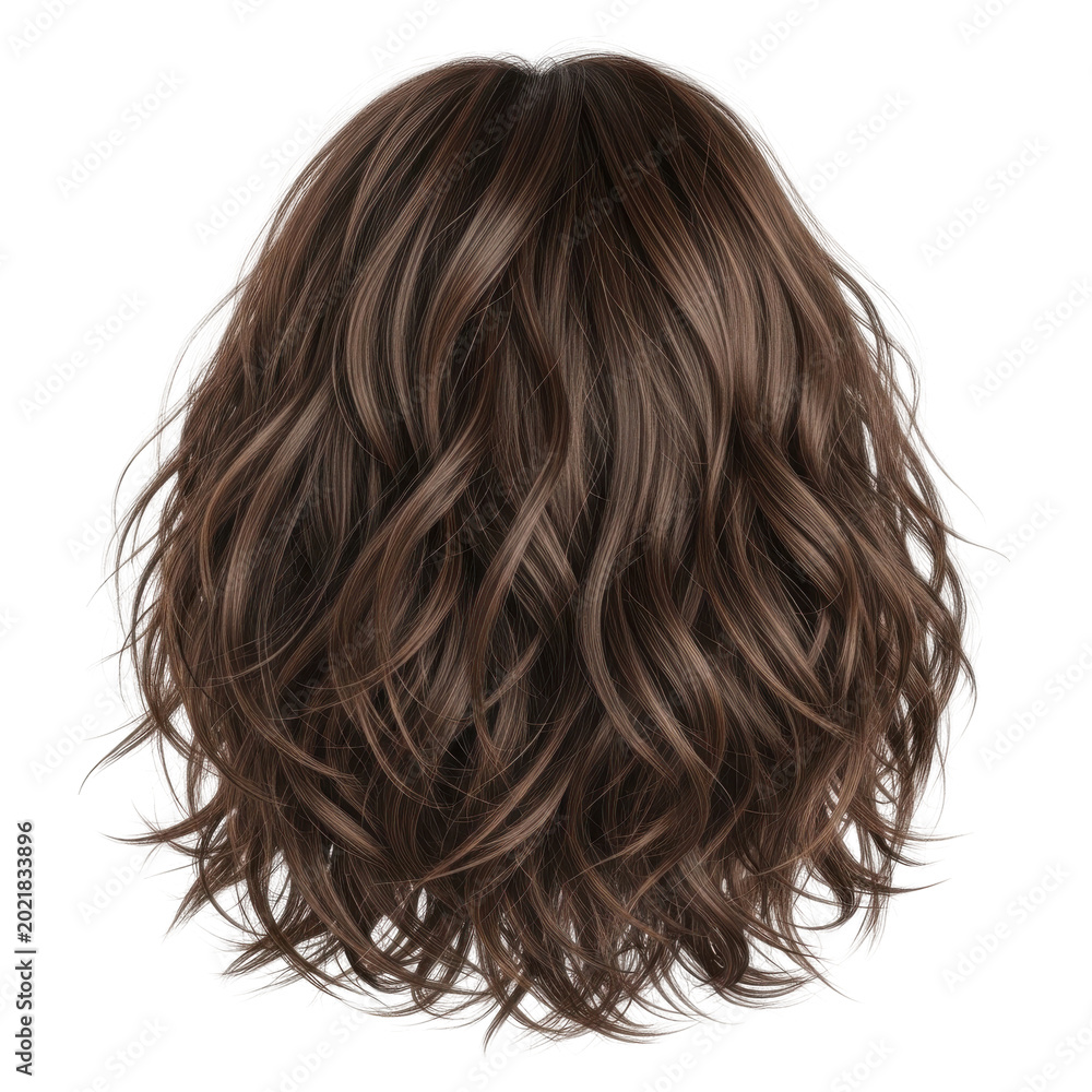 Naklejka premium voluminous curly dark brown hair wig cutout isolated on transparent background