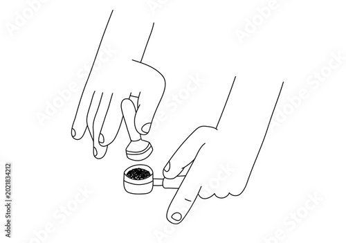 Bild auf Leinwand Barista hand using tamper to compress the freshly ground coffee, Simple line art design for cafe branding