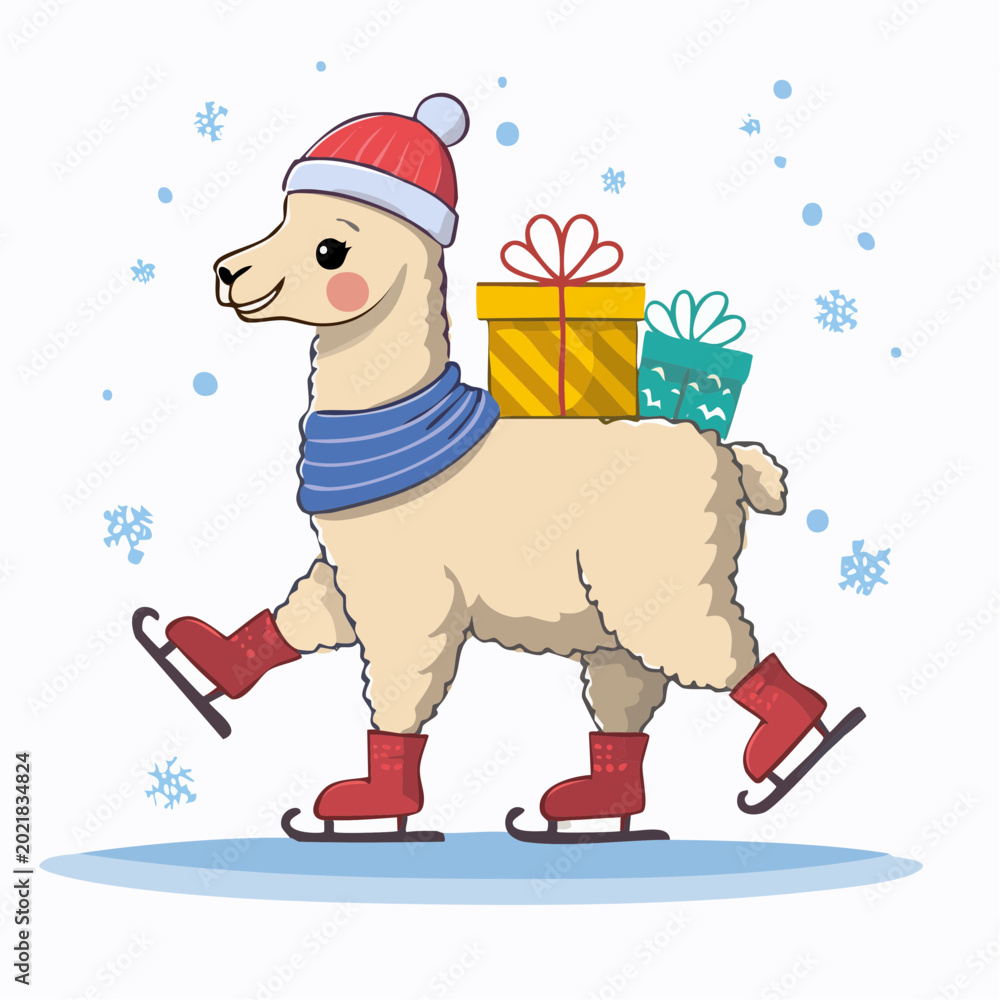 Fototapeta premium Cute Llama Ice Skating with Gifts and Snowflakes