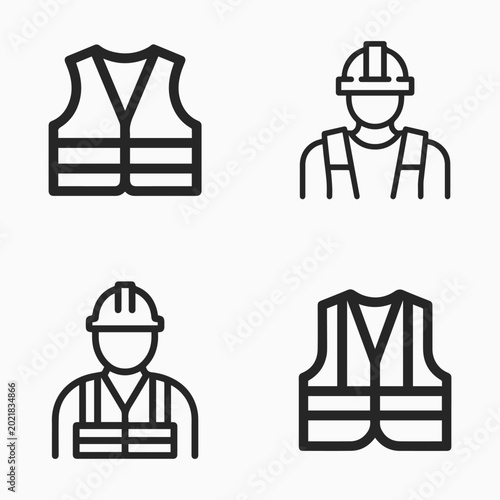 A collection of four safety-related icons featuring high-visibility vests and construction workers with hard hats, representing industrial safety and labor.