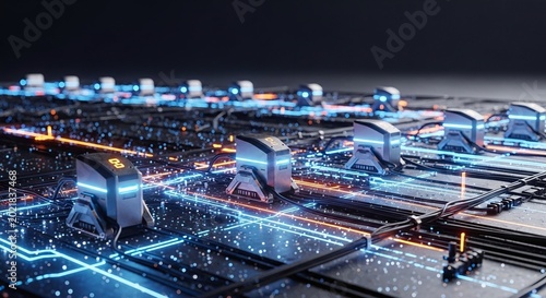 Futuristic Digital Circuit Board with Glowing Blue and Orange Data Lines
