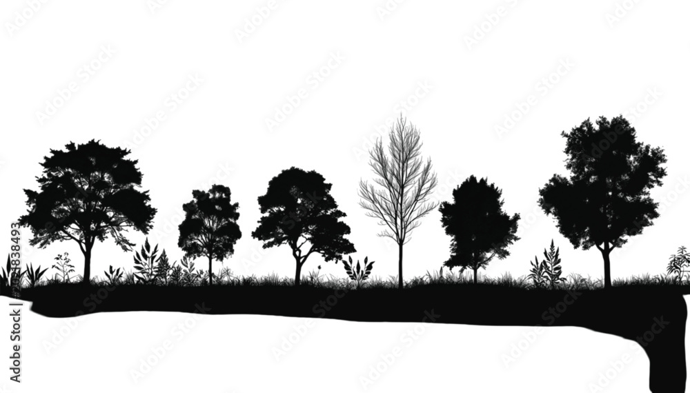 Fototapeta premium Trees arranged in a horizontal silhouette line provide a natural border for artistic design projects that require a clean and minimalist aesthetic composition against a solid white background space.
