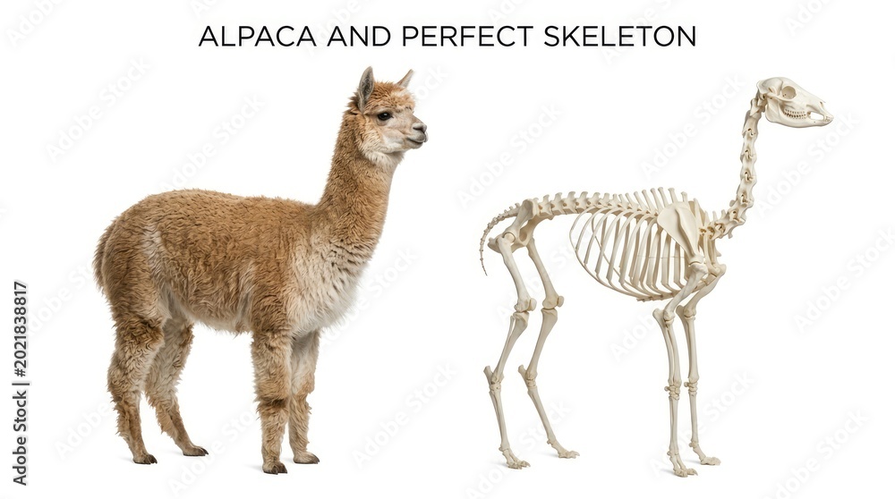 Fototapeta premium Brown Alpaca Standing Beside Anatomical Skeleton on White Background