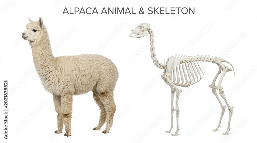 Fototapeta premium Beige Alpaca and White Skeleton Standing Side by Side on White Background
