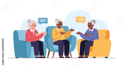 Elderly diverse people sit in comfortable armchairs while engaged in a pleasant conversation in a communal living space.