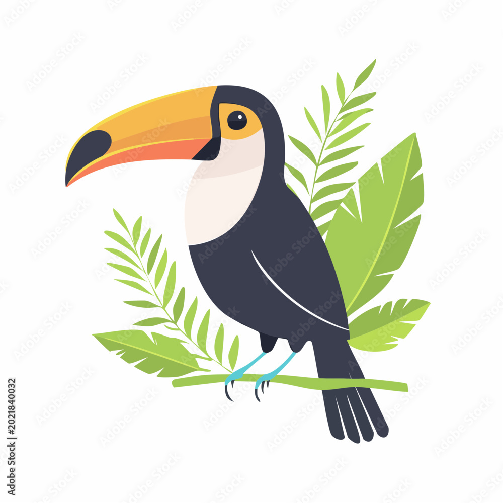 Obraz premium Stylized Toucan Bird with Tropical Leaves