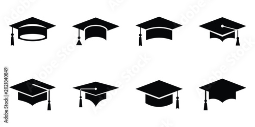 Graduation cap icon set. Mortar board or college graduation hat collection signs. Education symbol, logo vector illustration.