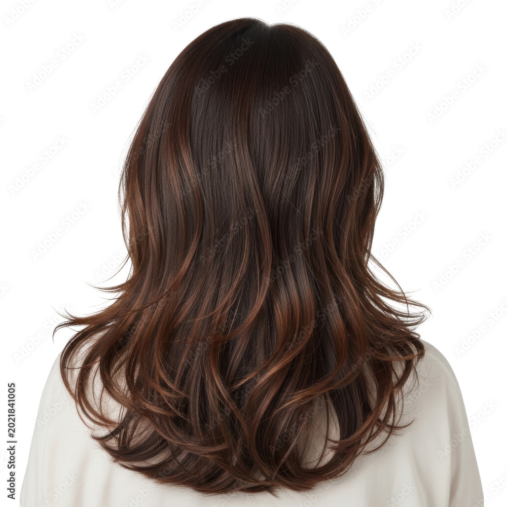 Naklejka premium long wavy brunette hair flowing on shoulders isolated on transparent background