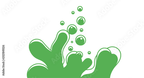Photos Green liquid splash with bubbles rising on white background, abstract design
