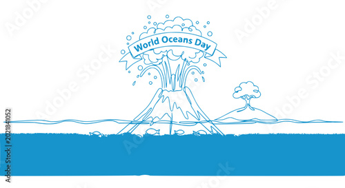 Photography World Oceans Day illustration: cartoon volcano erupting into ocean, island, fish swimming, blue water background