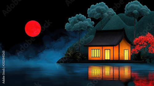 Night Scene Orange House Island Red Moon Pixel Art