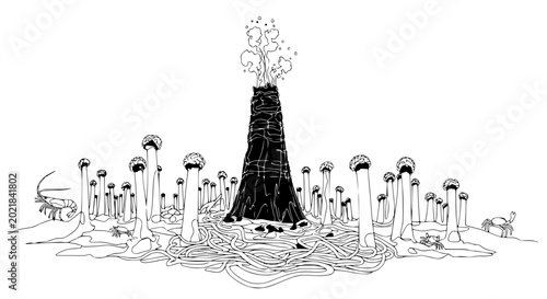 Schilderij op canvas Surreal Volcano Erupting Pasta Surrounded by Alien Flora and Crustaceans