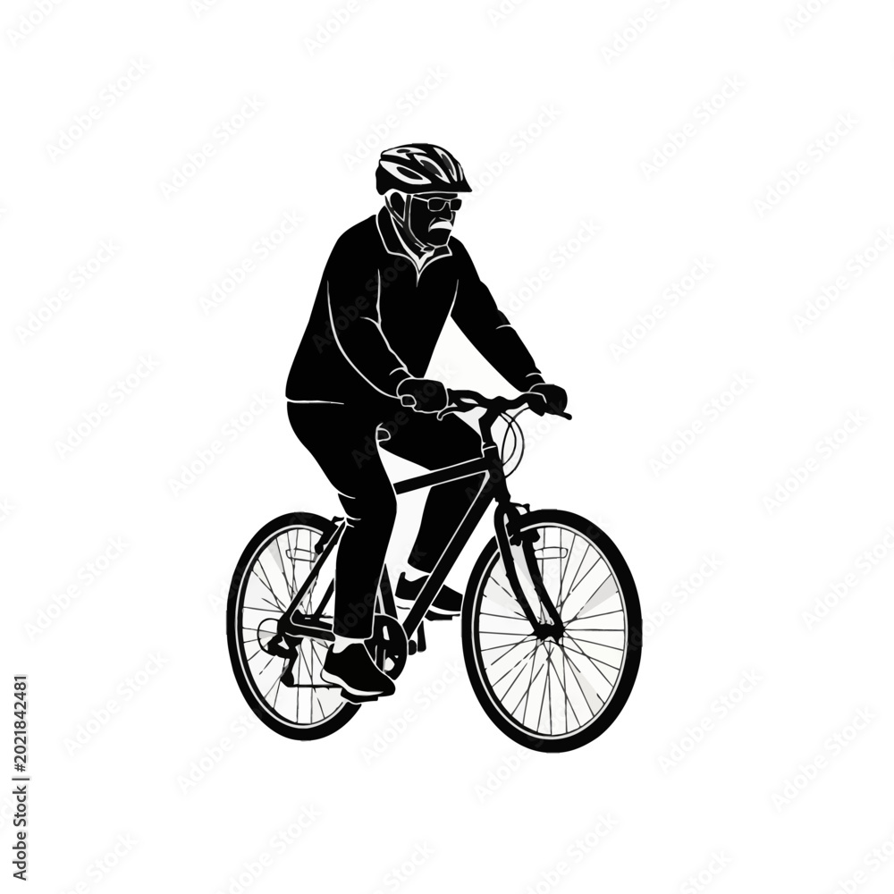 Naklejka premium Senior man riding a bicycle wearing a safety helmet and sunglasses, black and white vector illustration of an elderly male cyclist exercising on an isolated white background.
