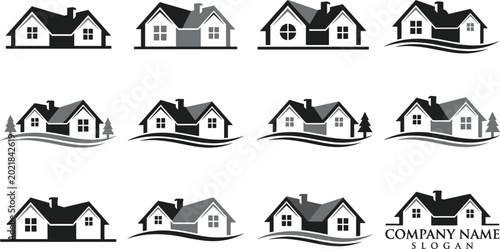 Collection of modern house logo designs with pitched roofs, chimneys, and windows, professional branding templates for real estate businesses